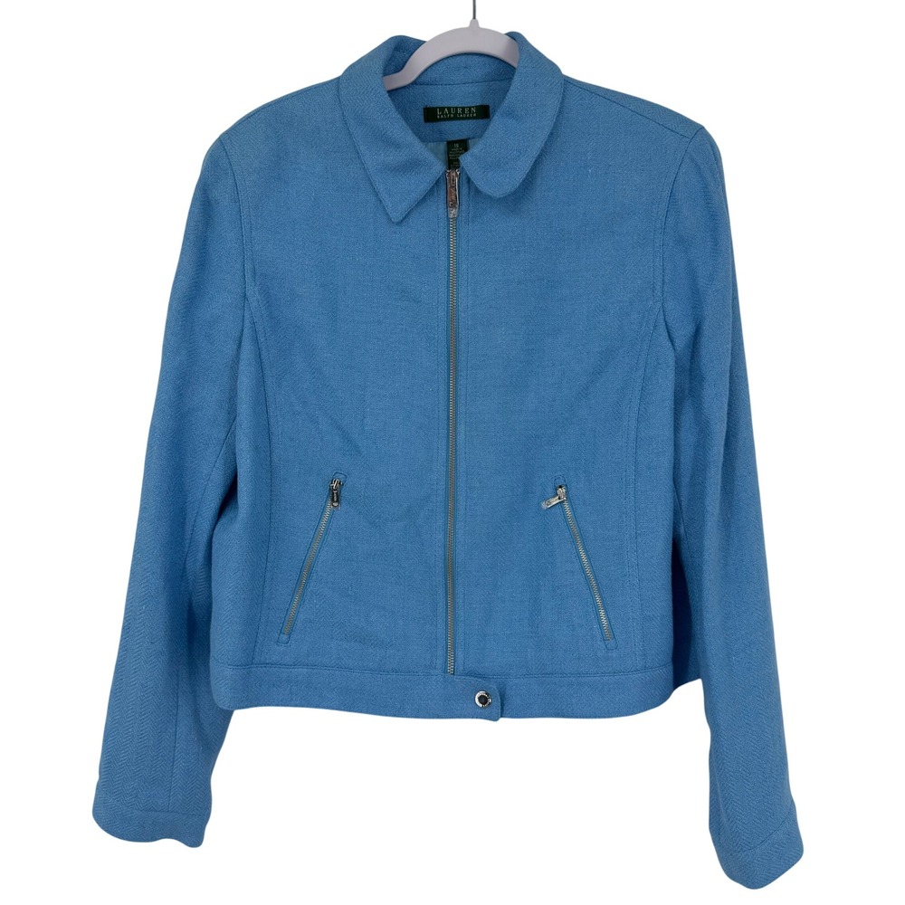 Lauren Ralph Lauren Blue Linen Silk Tweed Zip Front Jacket Size 16